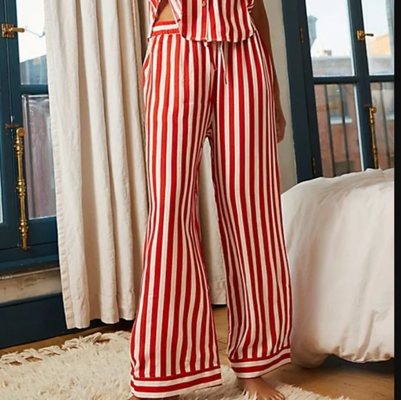 Free People Shiny Nights Pajama Set Wide Legs Red White Pinstripes Siz Small NWT - Picture 8 of 16